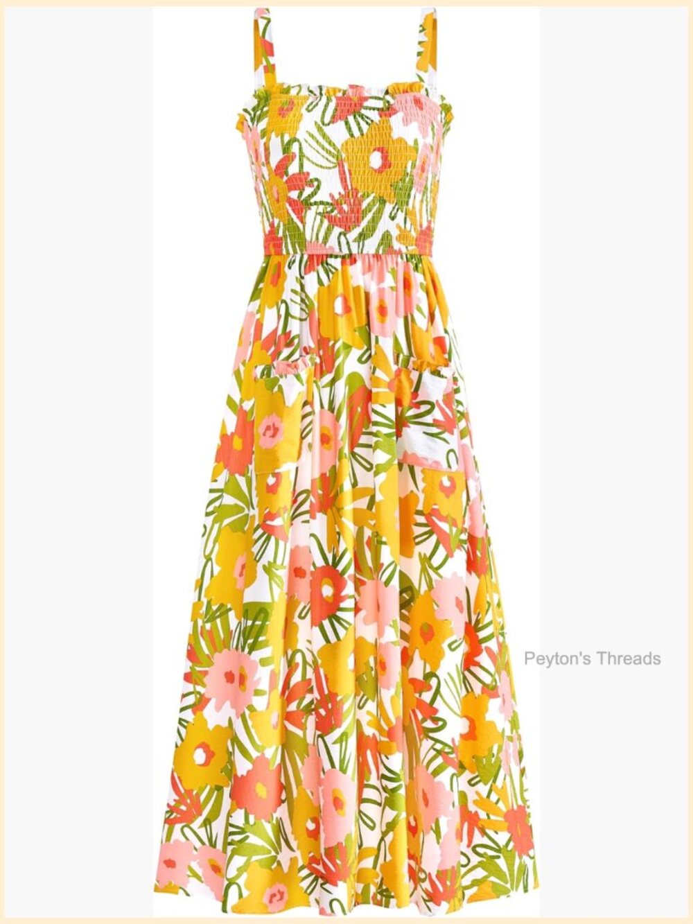 Casual Spaghetti Strap Ruffle Smocked Flowy Floral Maxi Dress with Pocket